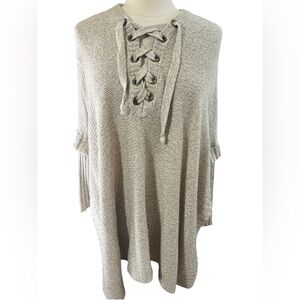 ALYA Cream/Light Brown Poncho Knit Sweater Long sleeves Lace Up Detail Size S/M